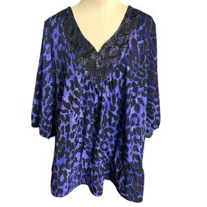 Lane Bryant Purple Leopard Print Sequin Peplum 3/4 Tunic Pullover Top Size 22/24